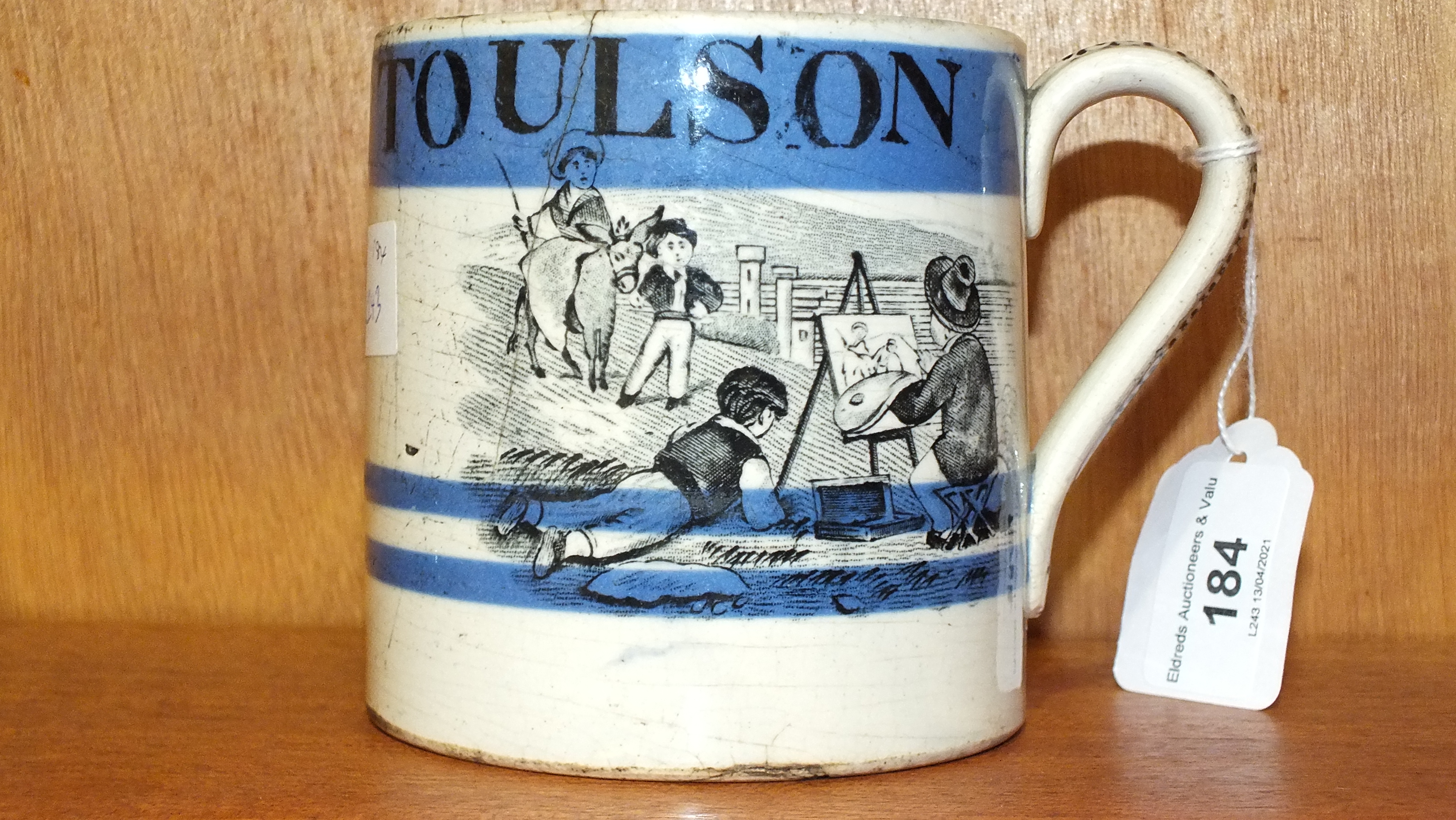 A 19th century Staffordshire mocha ware mug decorated with children playing and with the name 'Annie - Image 2 of 7