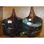 Two coloured studio art glass flask vases, 29cm and 28cm high, (2).