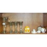 A mid-20th century glass lemonade set decorated with silver bands, a Shelley orange and yellow-