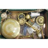 A large brass baluster-shaped planter, 36cm diameter, a brass jam pan, other metalware and