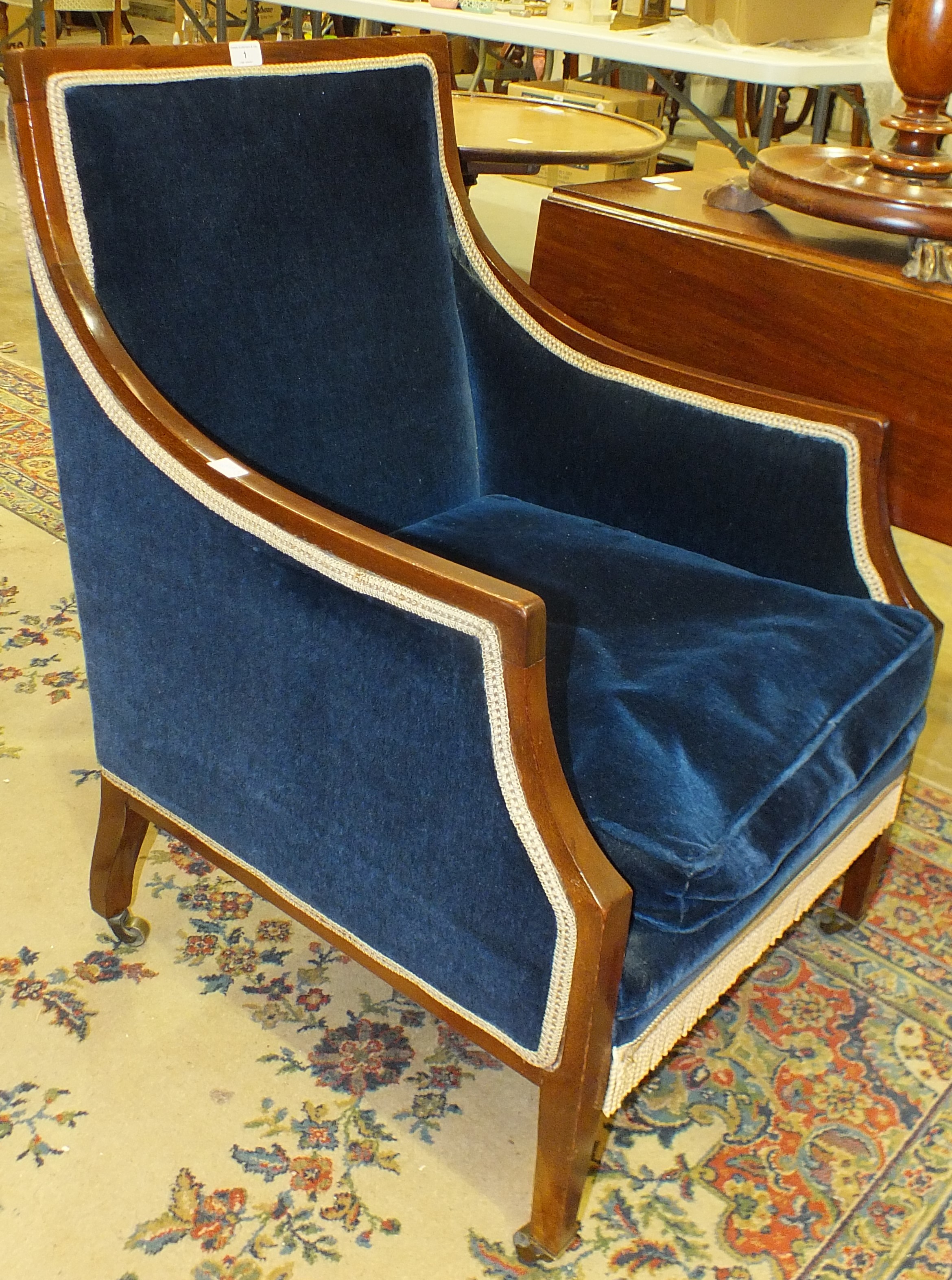 An Edwardian mahogany-framed upholstered salon chair with high back, on square tapered legs and a - Image 3 of 4