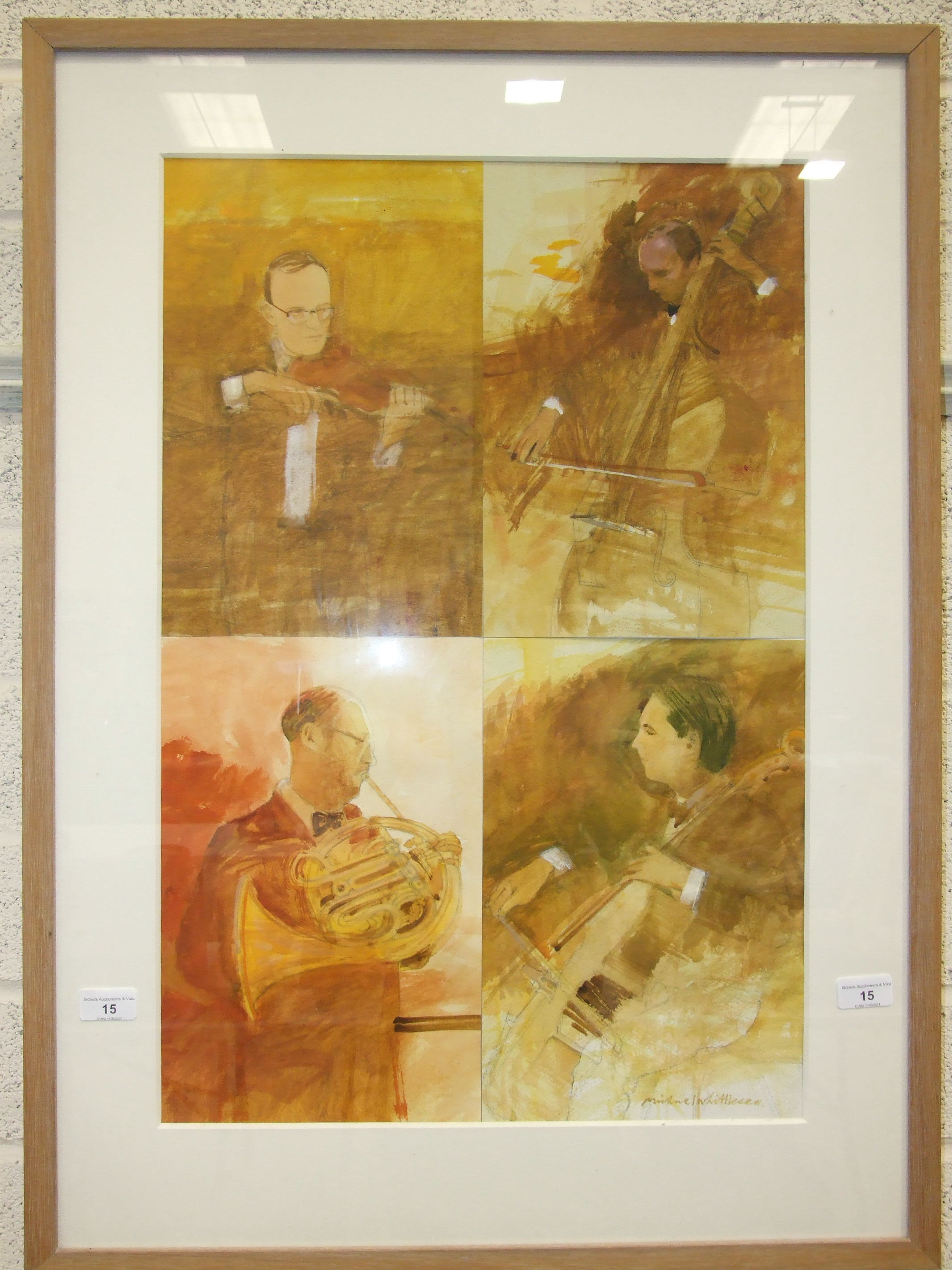 Michael Whittlesea (b. 1938), 'Musicians', four sketches of musicians framed as one, signed