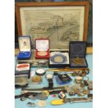 A pen and watercolour "Phoenix Wharf" by D E Harry (?), a silver-cased pocket watch, (not