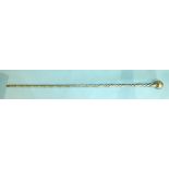 A clear glass walking cane with gilt interior and blue and red spiral decoration, 106cm long.