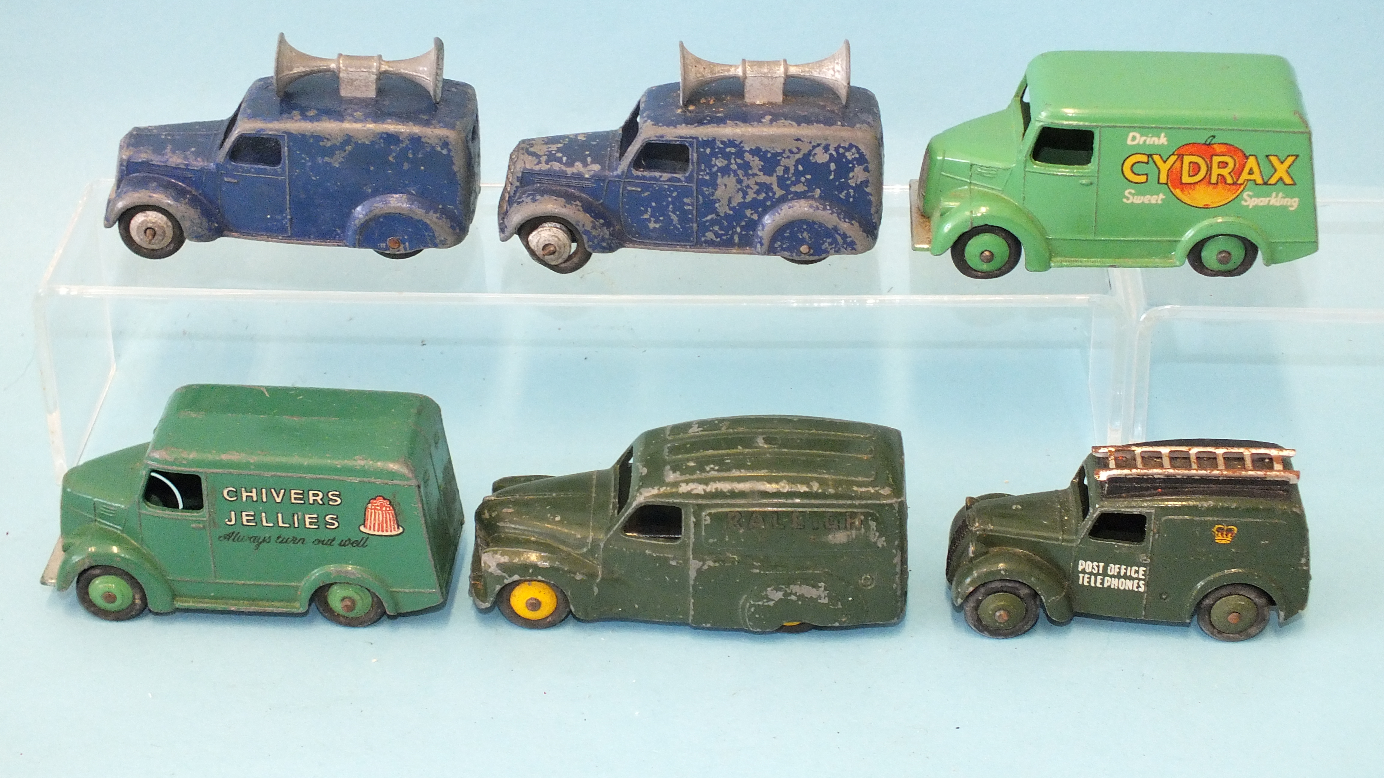 Dinky Toys, Trojan Vans: 452 "Chivers Jellies" and 453 "Cydrax", 261 Post Office Telephones van, 472