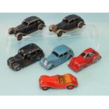 Dinky Toys: 151 Triumph 1800, 40H Austin Taxi, 108 MG Midget, two 30B Rolls Royces, (a/f) and a