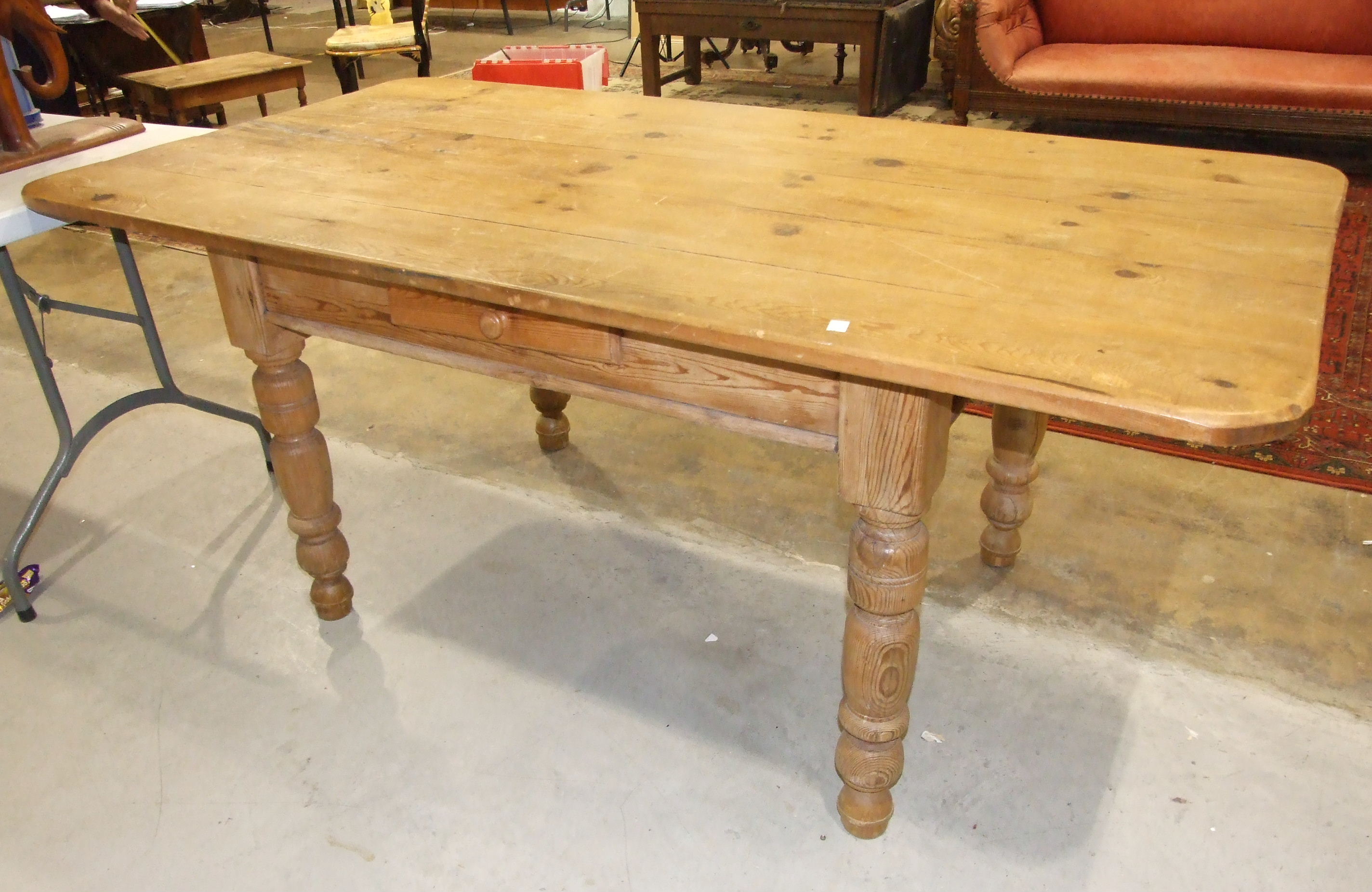 A pine kitchen table fitted with a single drawer, on turned legs, 180 x 94cm. - Image 2 of 2