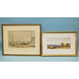 An early-20th century watercolour 'Cattle and sheep in a landscape', 15 x 29cm, a watercolour and