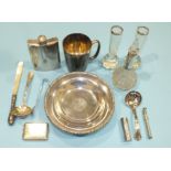 A small silver cylinder box and cover, a silver propelling pencil holder, plated ware and other