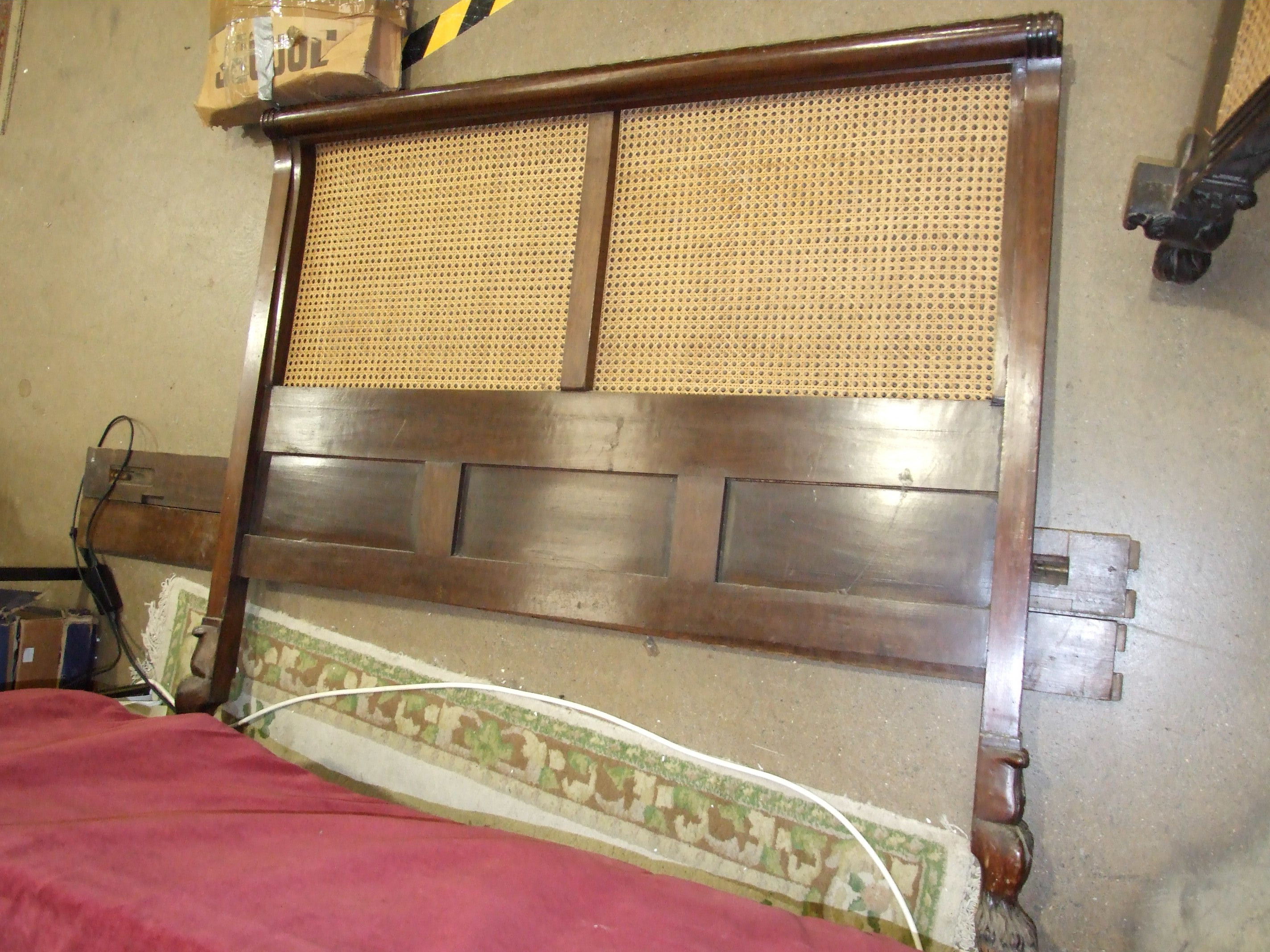 A 4' 6'' mahogany Bergère bed and side rail, with double-caned foot and single-caned head boards, ( - Image 4 of 6