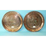 Two copper 'Johnnie Walker' circular advertising trays, 33.5cm diameter, (2).