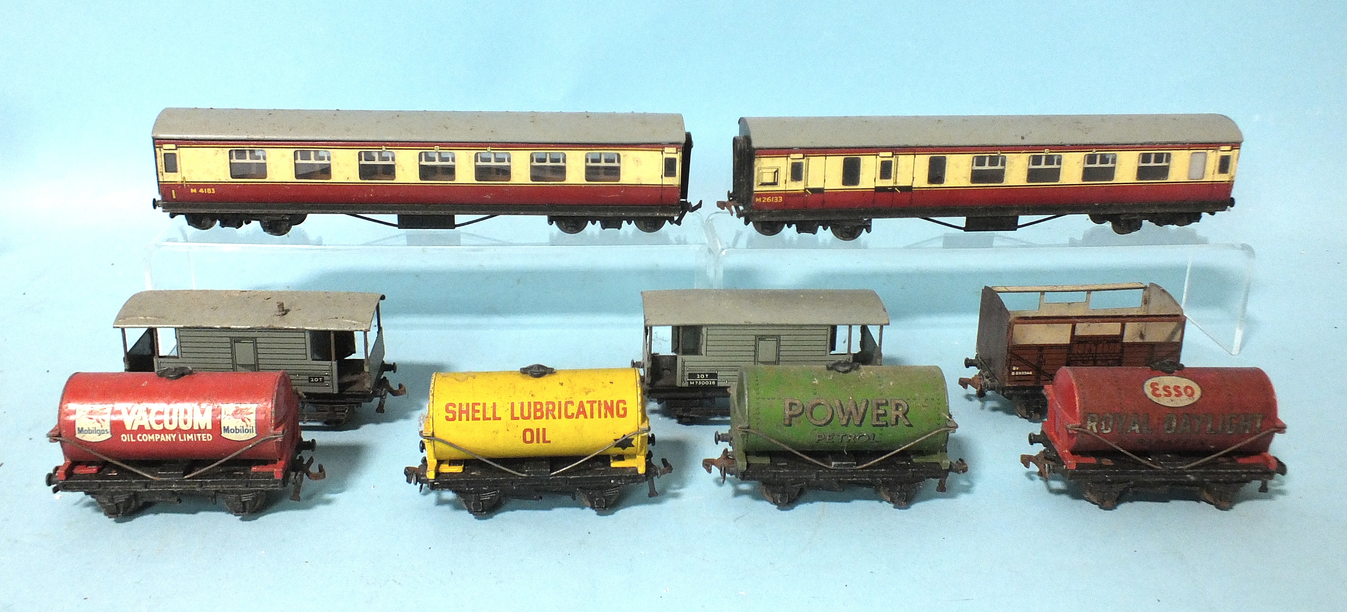 Hornby Dublo, two corridor coaches, seven various wagons, (no boxes, roof missing), track, etc.