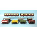 Hornby Dublo, two corridor coaches, seven various wagons, (no boxes, roof missing), track, etc.