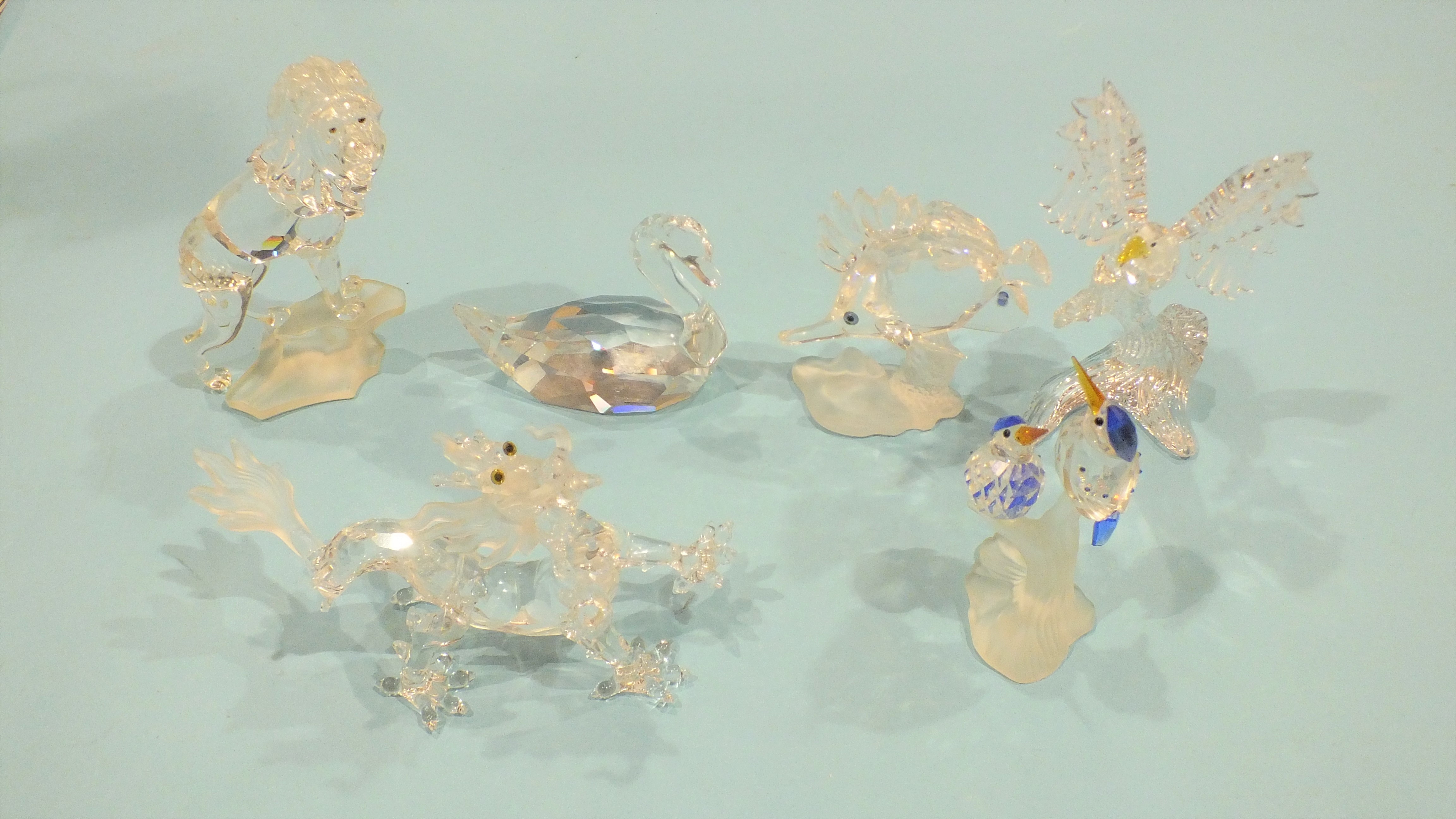 A collection of six Swarovski glass figures: 'Bald-headed Eagle', two kingfishers on a branch,