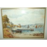 David Skinner, 'Coastal inlet with boats and a church in the background', signed watercolour,