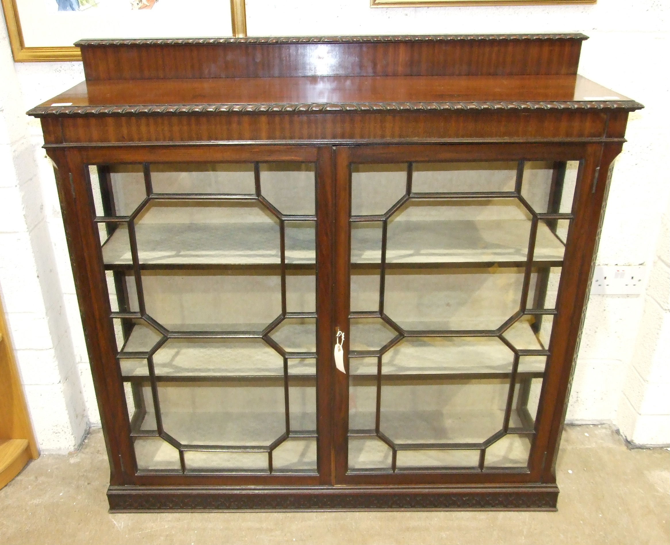 An early-20th century mahogany display cabinet, the rectangular top above a pair of astragal-