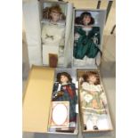 Three Alberon modern boxed dolls, three others and a painted wooden upholstered-seat-and-back doll's