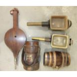 Two metal and brass coaching lamps, a leather cartridge carrier stamped BHG Ltd No.57, a copper-