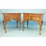 An antique walnut lowboy, the cross-banded top above three drawers, on cabriole legs, 77cm wide