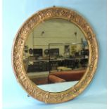 A large Victorian gilt gesso circular wall mirror, the frame decorated with thistles and roses,