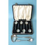 A cased set of six coffee bean spoons, a silver baby's spoon and a Georgian silver mustard spoon,