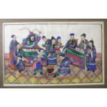 A Chinese rice paper watercolour depicting a group of male figures drinking and butchering an