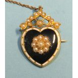 An Edwardian mourning brooch/pendant set pearl cluster, on black enamel heart-shaped plaque below