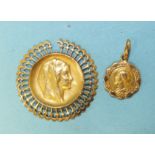 Two gold religious pendants, one marked '18ct', the other a/f, 2.9g, (2).