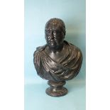 A 20th century black-painted plaster bust of a Roman dignitary, 72cm high.