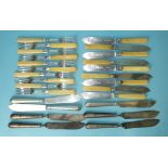 A quantity of bone-handled silver-bladed fish knives and forks: eight knives, ten forks, London