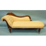 A Victorian mahogany single-ended chaise longue, on turned legs with castors, with cream and gold