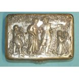 A German silver etui of rectangular form, the lid with embossed scene of a couple and three children