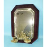A late-Victorian mirror girandole with twin brass Gothic sconces, 52 x 35cm, (restored).