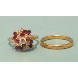 A 9ct gold cluster ring set round-cut rubies and white synthetic stones, size Q and a 9ct gold