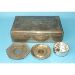 A large silver cigarette box of plain form, lid inscribed, 23 x 14 x 7cm, (a/f, liner to lid