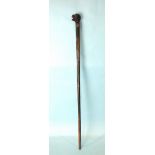 A hardwood novelty walking cane, the handle carved with a dog with an open mouth, having a push