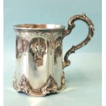 A Victorian hexagonal tankard embossed with flowers and with leaf-capped handle, 11cm high, London