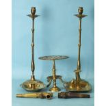 An antique brass pricket candlestick of turned form, with drip pan, 17cm high, a pair of later