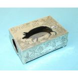 A Victorian novelty silver "Scratch Me" pig matchbox holder, with cut-out pig and engraved