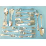 A collection of fiddle pattern flatware, mainly Victorian, various dates and makers, ___42oz.