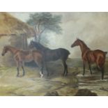 Late-19th Century Naive School THREE BOY HUNTERS OUTSIDE A STABLE Oil on canvas, unsigned, dated