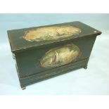 A Continental painted chest, the hinged lid and front painted with oval scenes of fishing boats