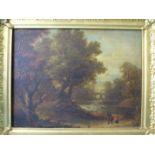 Continental School FIGURES WALKING BY A RIVER WITH A BRIDGE IN THE DISTANCE Unsigned oil on panel,