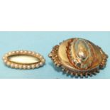 A Victorian pearl-set elliptical locket brooch, 16mm long, 3.1g, (back dented) and a gold-plated