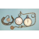 An 800-silver-cased open-faced key-wind pocket watch, (not working), a silver graduated curb-link