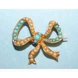 A small Victorian bow brooch set with graduated seed pearls and turquoise, unmarked, tests as 18ct