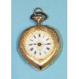 A Continental lady's heart-shaped open-face keyless pocket watch, the white enamel dial with Roman