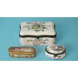 Two French porcelain lidded boxes decorated with flowers and a courting couple and an oblong small