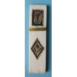 A 19th century ivory needle case inset one lozenge-shaped and one rectangular verre égolmisé