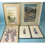 Two Chinese watercolour collage pictures of male and female figures, 18 x 8cm, a Japanese